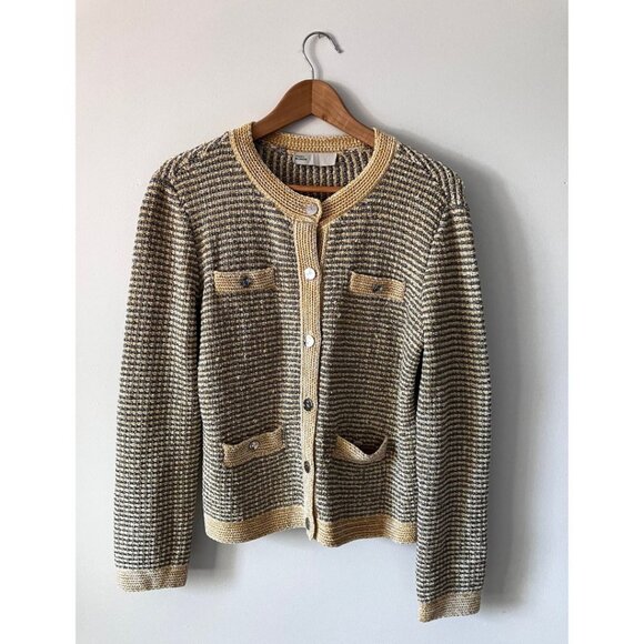 Tory Burch  Metallic Thread Striped Cardigan Ivory White Silver Size Medium - Picture 5 of 10